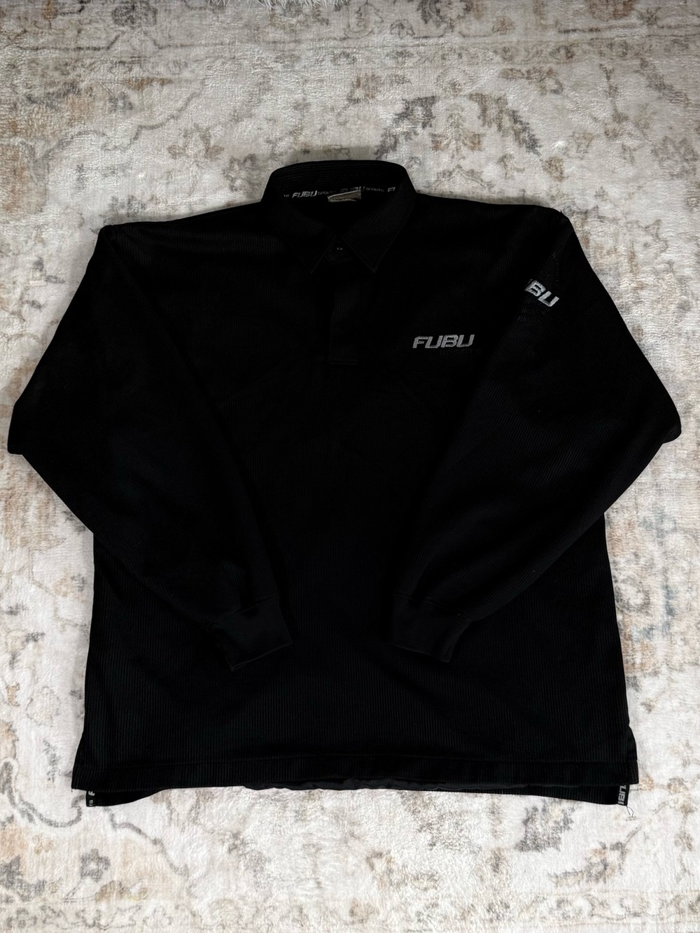 FUBU Black Long Sleeve Polo with Front, Sleeve and Back embroidered Logo Fits L
